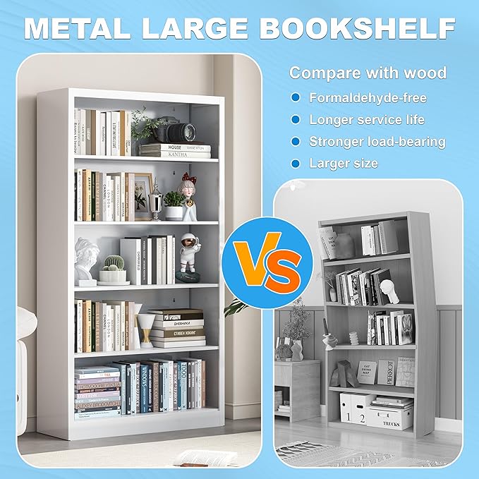 5 Tier Metal Bookshelf, 55 in Tall White Bookcase, 4 Adjustable Storage Shelves, Large Heavy Duty Bookcases for Office, Study Room, Home, Library