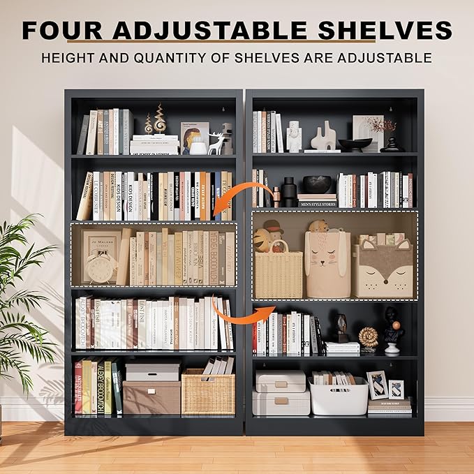 Metal Bookcase and Bookshelf, 66 in Tall Black Bookshelf with 4 Adjustable Storage Shelves, Large Deep Bookcase for Home, Library, Office, Bedroom, School