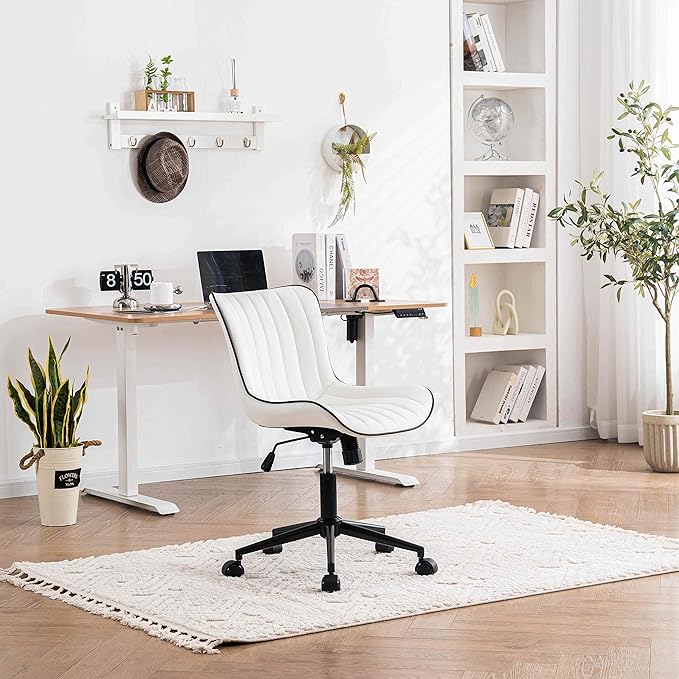 YOUNIKE White Armless Office Chair Faux Leather Small Cute Desk Chair with 12° Rocking Back Adjustable Height Swivel Vanity Chair Ergonomic Compact Home Computer Rolling Task Chair for Small Spaces