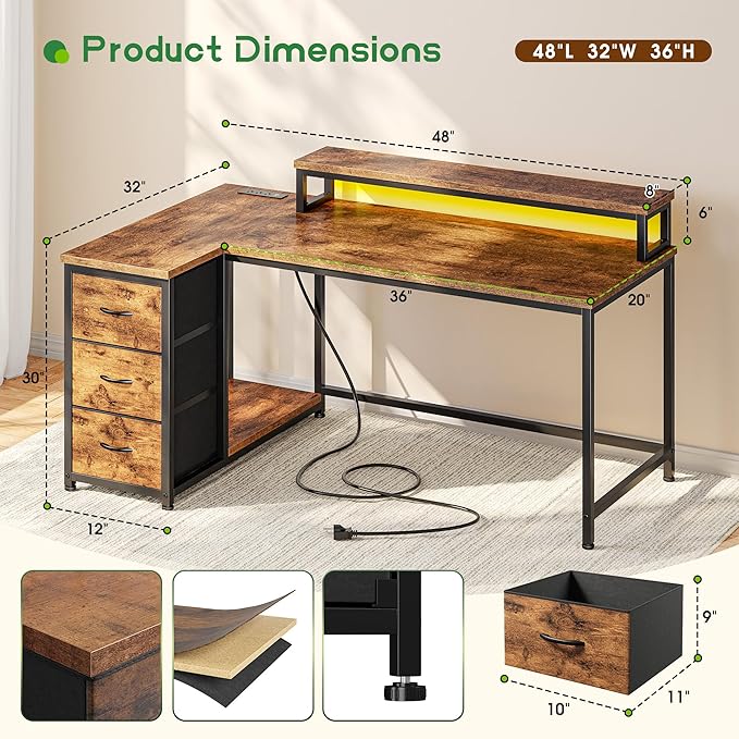 EnHomee L Shaped Gaming Desk with Monitor Stand & 3 Drawers, 48 Inch Computer Desk with Power Outlet Reversible Office Desk with LED Lights for Gaming, Study Room, Home Office, Rustic Brown