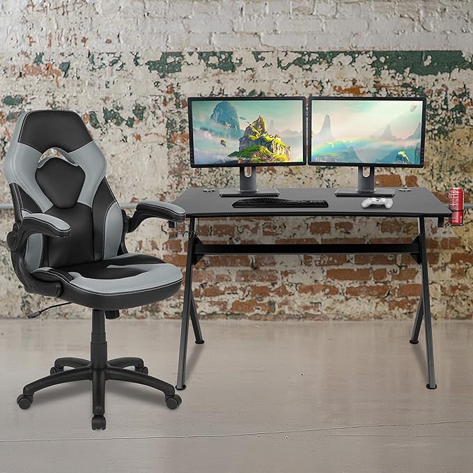 Flash Furniture Optis Black Gaming Desk and Gray/Black Racing Chair Set with Cup Holder, Headphone Hook & 2 Wire Management Holes