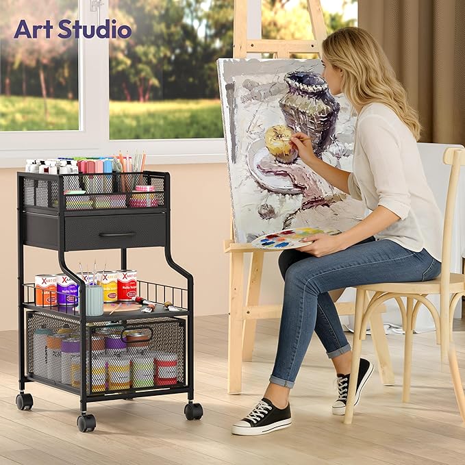 SWTYMIKI Rolling Under Desk Storage - Utility Cart with Drawers & DIY Divider - Art Cart Organizer on Wheels - Craft Storage Drawers Rolling Cart for Office, Craft Room & Studio Black