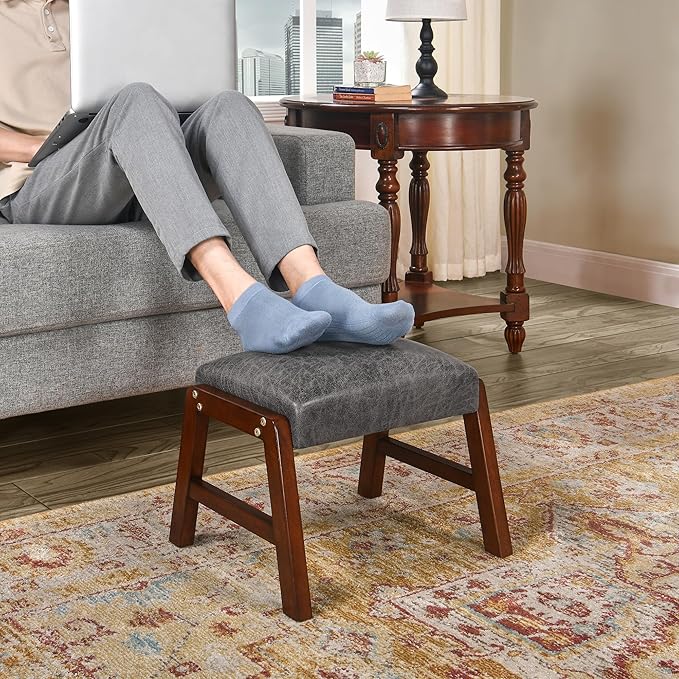 Small Footstool Ottoman, 11.8" H Fabric Wooden Foot Rest Ottoman with Wood Legs, Small Foot Stool Sofa Footrest Extra Seating for Living Room Entryway Office, Grey