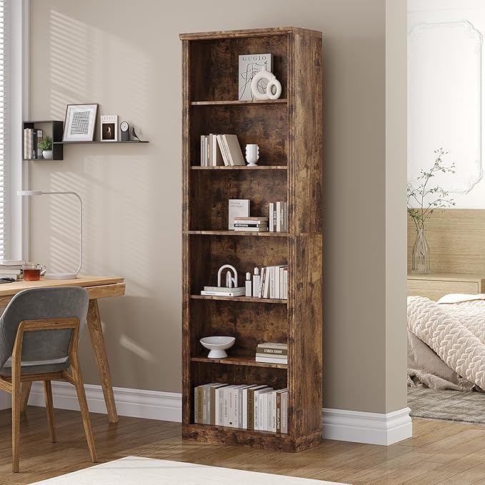 Wodeer Tall Bookshelf, 6-Tier Bookcase with 2 Adjustable Shelves, Modern Farmhouse Storage for Living Room, Entryway, Office, 23.6" W x 74.8" H x 10.6" D, Brown