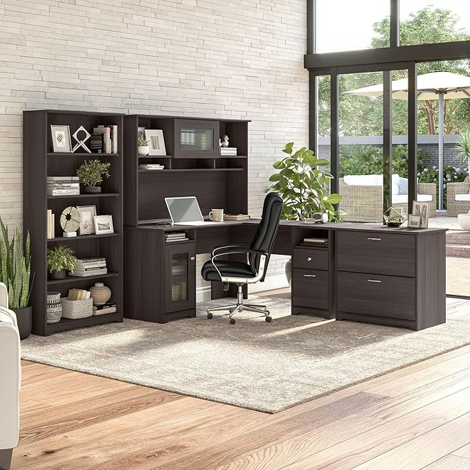 Bush Furniture L Shaped Desk with Hutch, 5 Shelf Bookcase and Lateral File Cabinet | Cabot Collection Corner Computer Table with Storage and Bookshelf