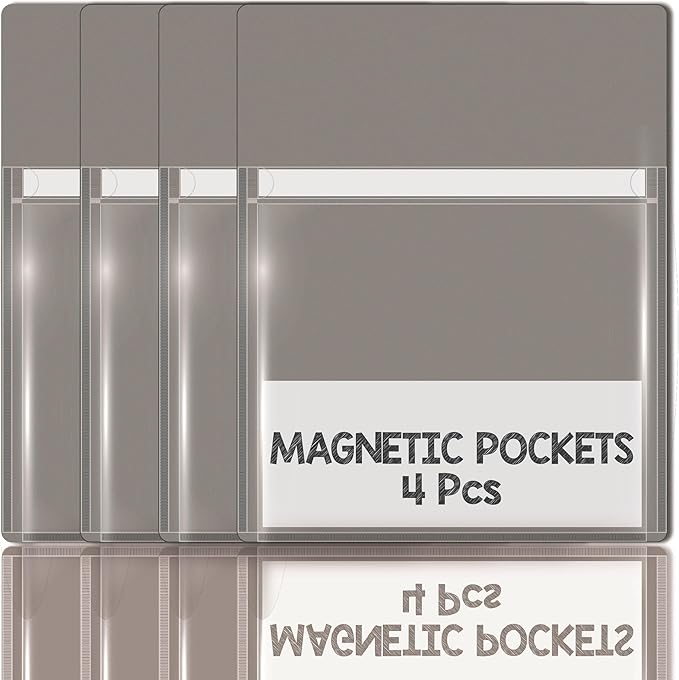 IMAGAME Magnetic Pocket 4 Pack – Self-Adhesive Magnetic Storage Pouch for Documents, Notes & Tools, Strong Magnet Backing for Fridge, Whiteboards, and Metal Surfaces (Gray 4Pcs)