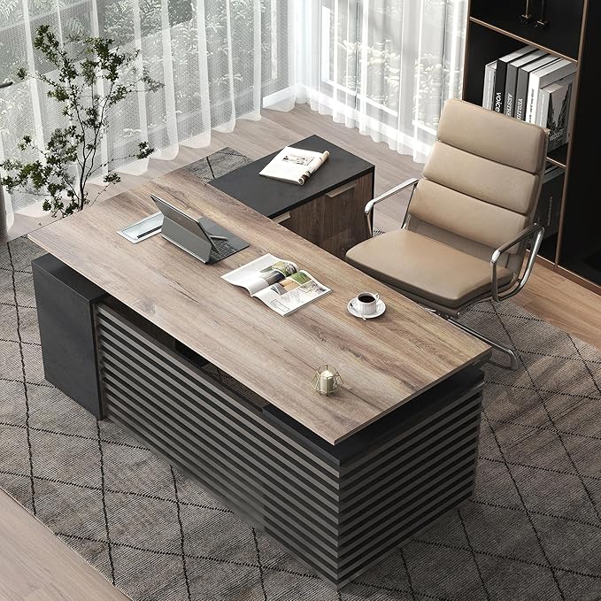 SAINTCY 78.74In L Shaped Executive Standing Desk with Drawers, Large Modern Adjustable Heigh Home Office Desk w/Universal Charging Ports, Business Workstation, Black and Warm Oak