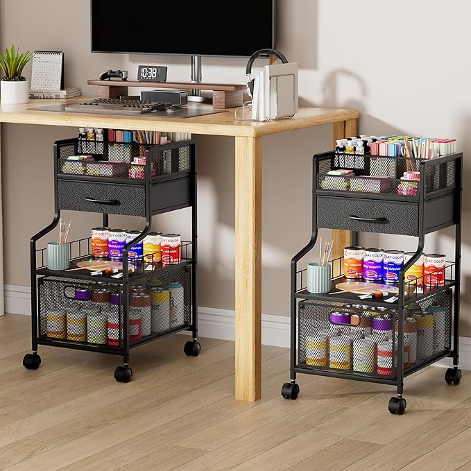 SWTYMIKI Rolling Under Desk Storage - Utility Cart with Drawers & DIY Divider - Art Cart Organizer on Wheels - Craft Storage Drawers Rolling Cart for Office, Craft Room & Studio Black