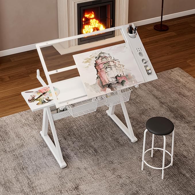 Adjustable Drawing Table for Artists | Drafting Desk with Tilted Glass Top | Art & Craft Table for Adults (White, Smart Upgrade-29.52’’- 37.8'' H)