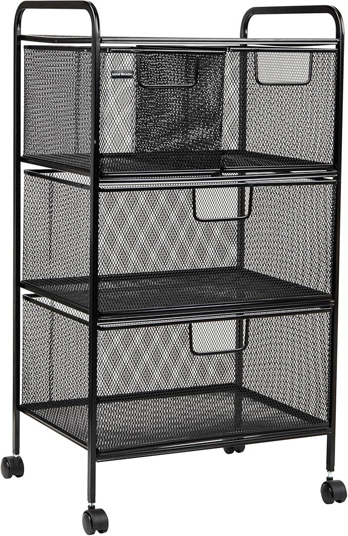 Mind Reader Cart with Drawers, Multipurpose Office Organizer, Utility Cart, Rolling Storage, Metal Mesh, Black