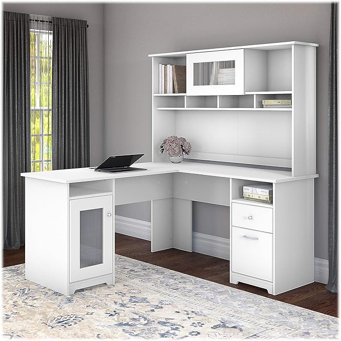 Bush Home Cabot 60W L Shaped Computer Desk with Hutch and Storage in White, 60-inch Corner PC Workstation for Home Office