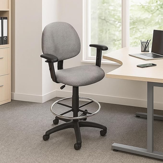 Benzara Jea Drafting Stool Chair, Adjustable, Gray Tweed, Round Footring