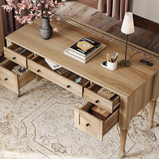 WAMPAT Home Office Furniture Set, 56'' Executive Desk with Charging Station, 72" Tall Bookcase with 3 Drawers, Wood Computer Desk with File Cabinet Storage, Open Shelf, Oak