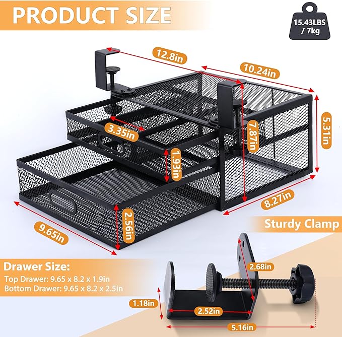 Under Desk Drawer Organizer with 2 Slide Out Drawers – No Drilling Metal Clamp-On Storage, Anti-Slip Desk Drawer Attachment for Home & Office Desktop Organization (Black)
