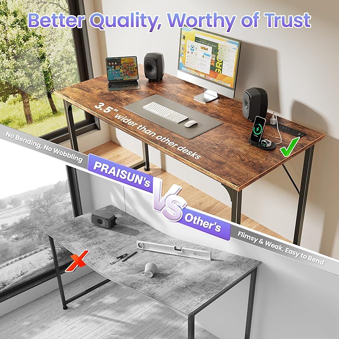 PRAISUN 47 X 20 Inch Office Computer Desk with Power Outlets and USB-C Port, Larger Gaming Desk, for Home Office, Study, Bedroom, Writing Work from Home Table, Metal Frame, Rustic Brown