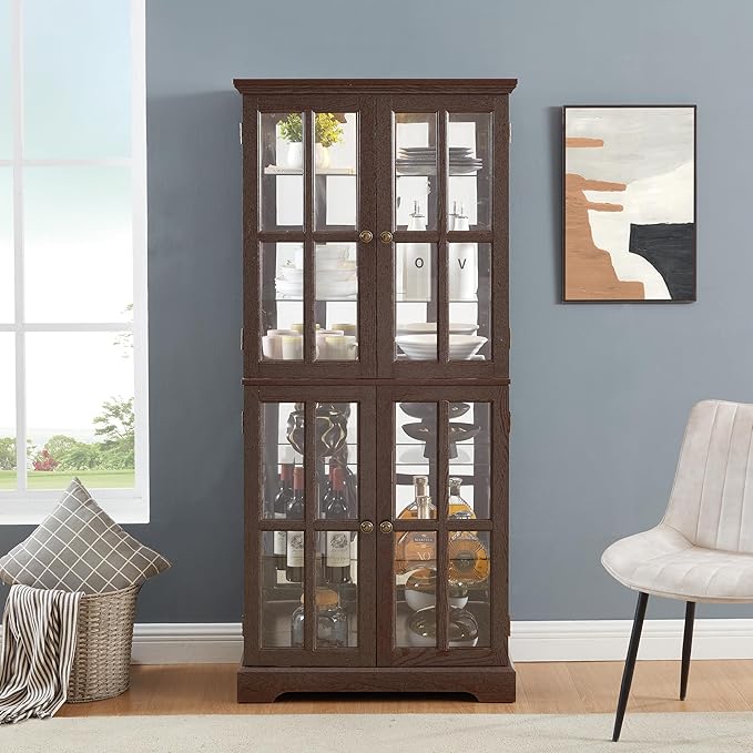 Curio Display Cabinet, Antique Display Cabinet with Glass Doors Adjustable Shelves for Collectibles Four Door Design Vintage Showcase for Home or Office Antique Display Case E26 Bulb Included CHE Ti