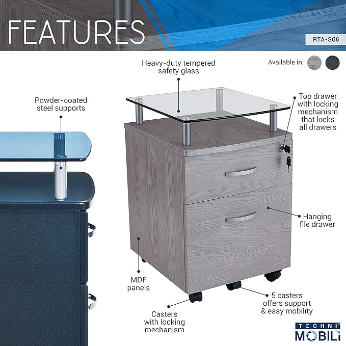2-Drawer Rolling File Cabinet with Lock and Glass Top, Under Desk File Cabinet with Wheels, Printer Stand, Graphite Black