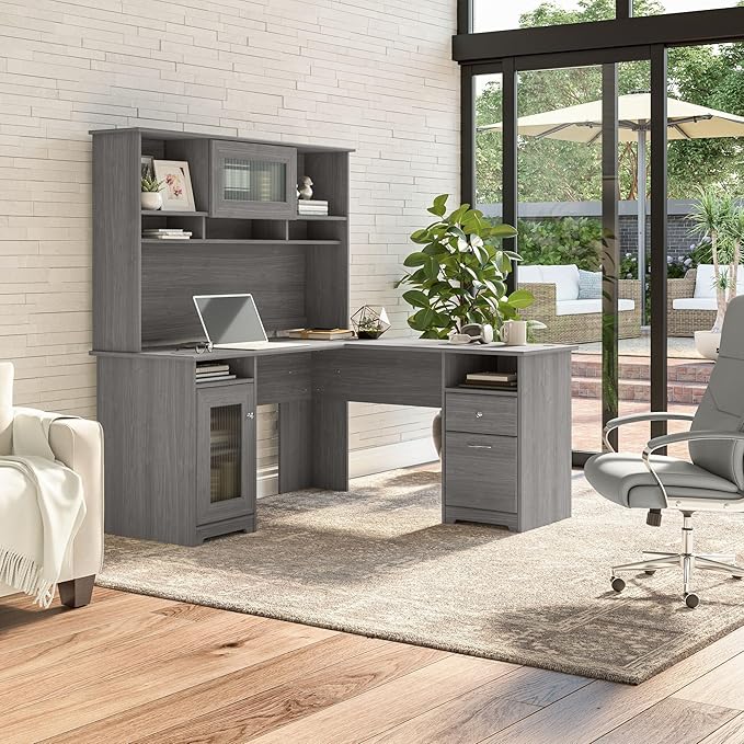 Bush Home Cabot L Shaped Desk with Hutch, Corner Desk with Storage for Home Office in Modern Gray, 60W L Shaped Computer Desk