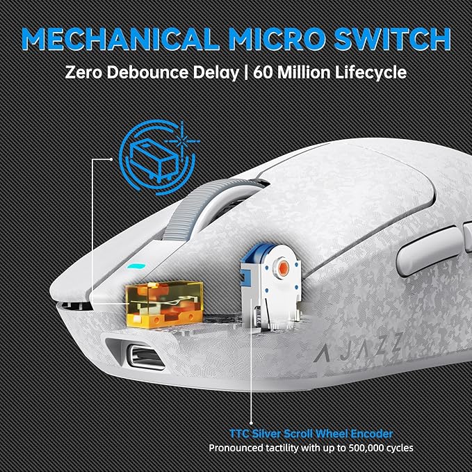 A.JAZZ Ajazz AJ199 Wireless Gaming Mouse Ultra-Lightweight 55g Tri-Mode Connection 24000 DPI PAW3311 Sensor Carbon Fiber Shell 500mAh Battery 1K Polling Rate Durable & Anti-Slip Design White