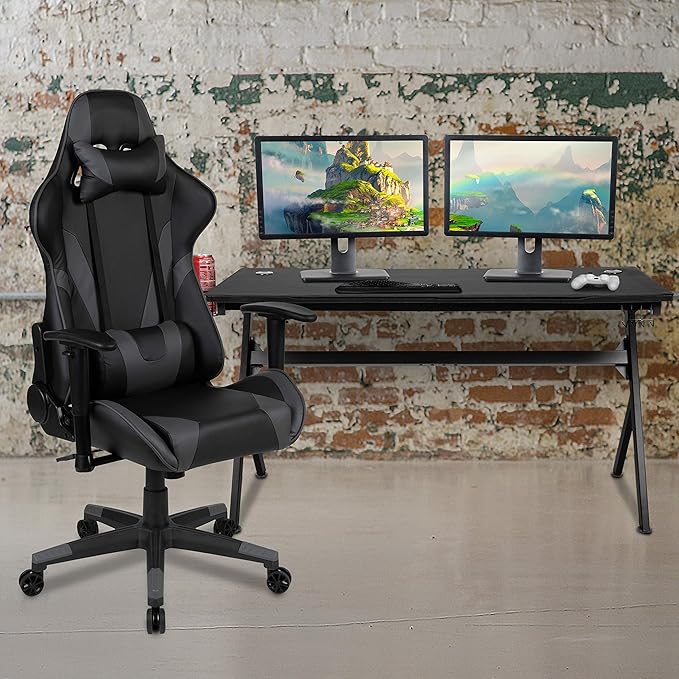 Flash Furniture Gaming Desk and Gray/Black Reclining Gaming Chair Set /Cup Holder/Headphone Hook/Removable Mouse Pad Top - Wire Management