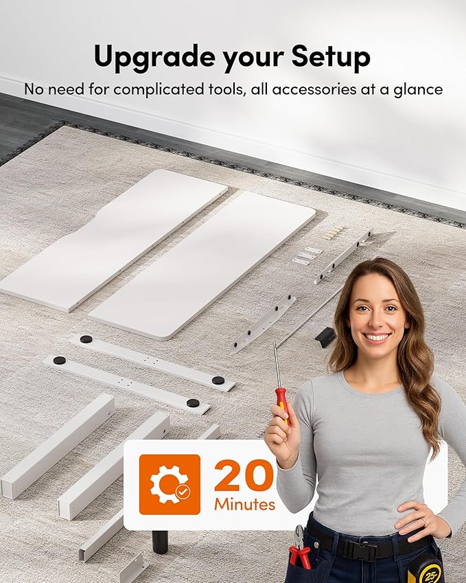 FEZIBO Standing Desk, 63×28 Inches Electric Height Adjustable, Sit Stand Up, Computer Office Desk with Splice Board, While Frame/While TOP
