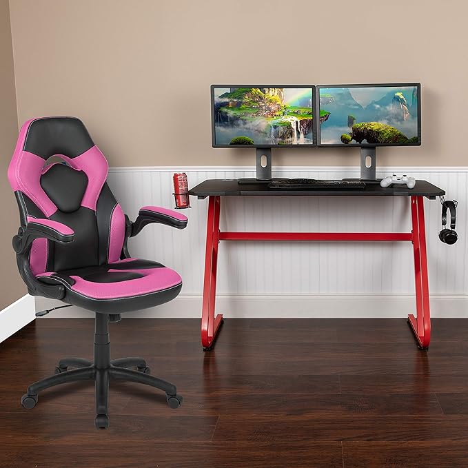 Flash Furniture Red Gaming Desk and Pink/Black Racing Chair Set with Cup Holder and Headphone Hook