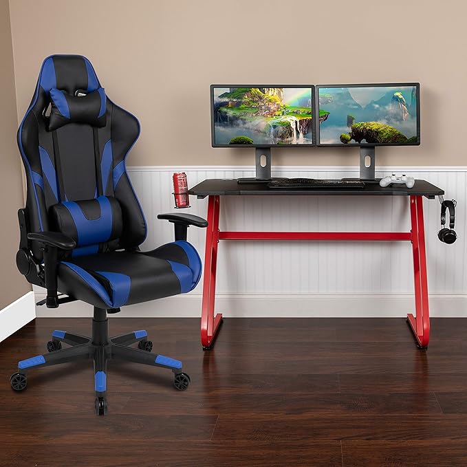 Flash Furniture Optis Red Gaming Desk and Blue Reclining Gaming Chair Set with Cup Holder and Headphone Hook