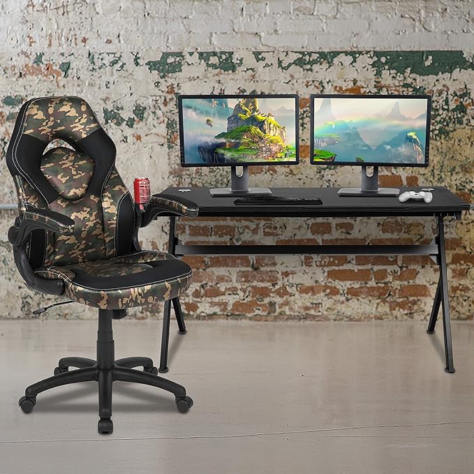 Flash Furniture Gaming Desk and Camouflage/Black Racing Chair Set /Cup Holder/Headphone Hook/Removable Mouse Pad Top - 2 Wire Management Holes