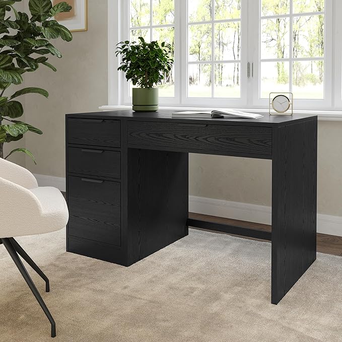 Martha Stewart Kayden Home Office Modular Desk with Drawer and 3 Drawer File Cabinet in Black with Oil Rubbed Bronze Hardware