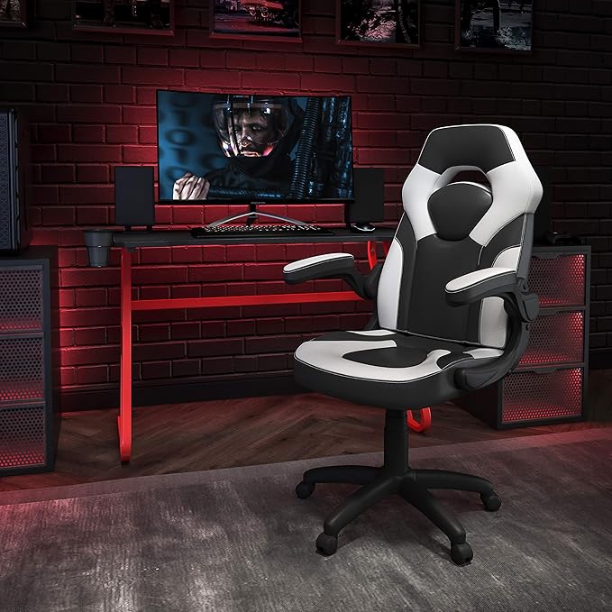 Flash Furniture Red Gaming Desk and White/Black Racing Chair Set with Cup Holder and Headphone Hook