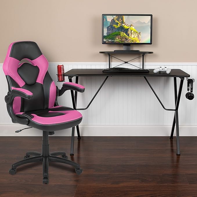 EMMA + OLIVER Black/Pink Gaming Desk Set with Headphone Hook, and Monitor Stand