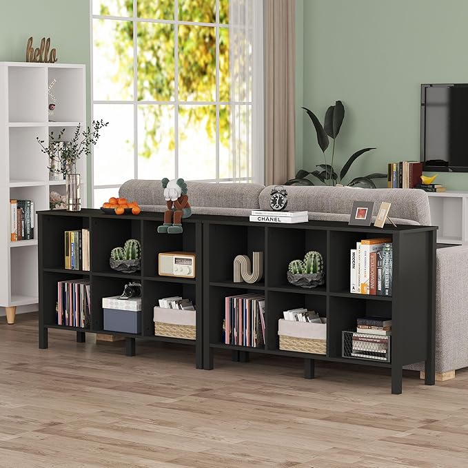 6-Cube Bookcase, Farmhouse Wooden Bookshelf Low Storage Organizer, 45" Horizontal Black Console with Legs, Hallway Book Case for Entryway, Display Cabinet for Living Room (Black, 6-Cube)