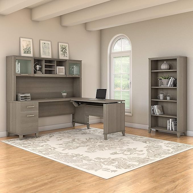 Bush Furniture Somerset 72W 3 Position Sit to Stand L Shaped Desk with Hutch and Bookcase in Ash Gray