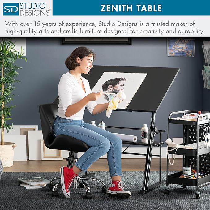 Studio Designs Zenith Height Adjustable Drafting Table with Shelf in Black, 42" W X 30" D