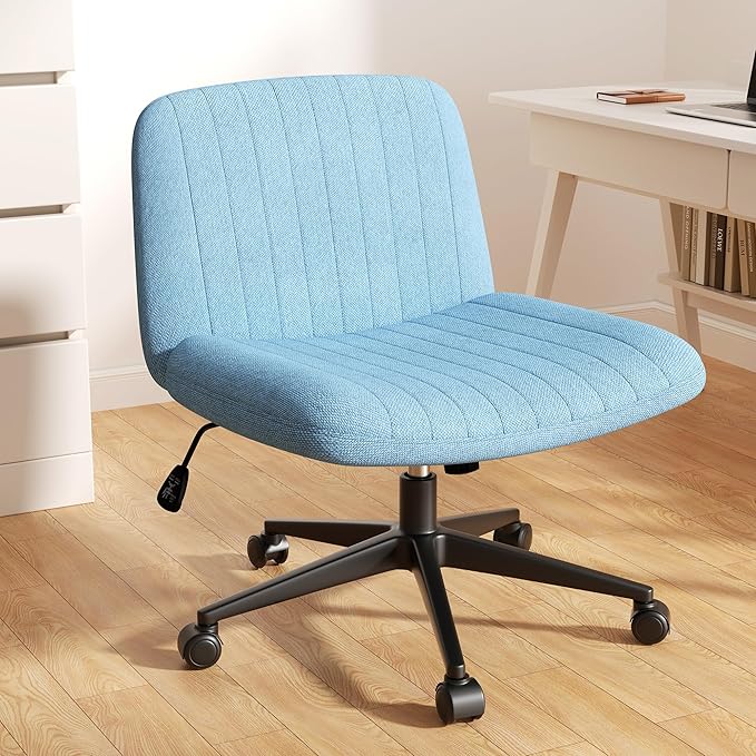 Meilocar Criss Cross Chair with Wheels, Cross Legged Office Chair, Armless Office Chairs Adjustable Height Swivel Tilting Fabric Vanity Chairs for Home Bedroom (Blue)