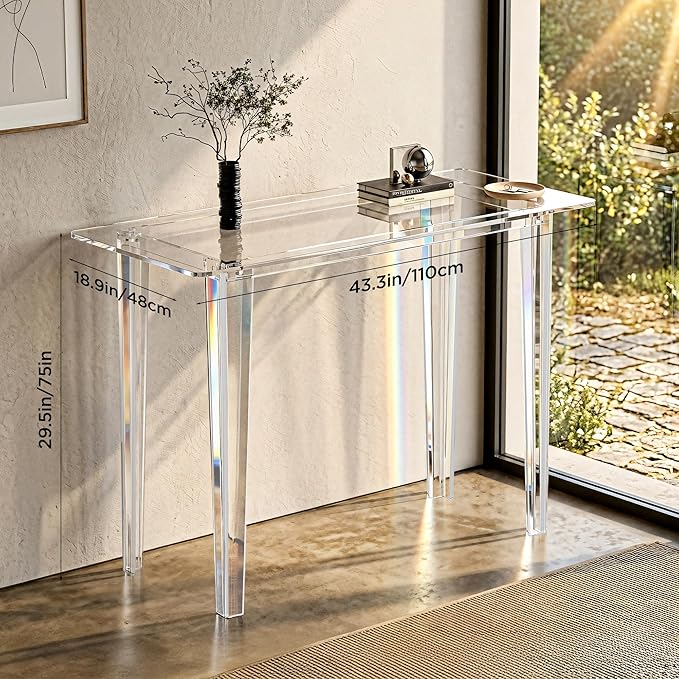 Acrylic Desk - Clear Acrylic Table, Modern Home Office Study Table, Extended Surface Multi-Purpose Console, Sturdy Lightweight Workstation for Small Spaces (Transparent-L)