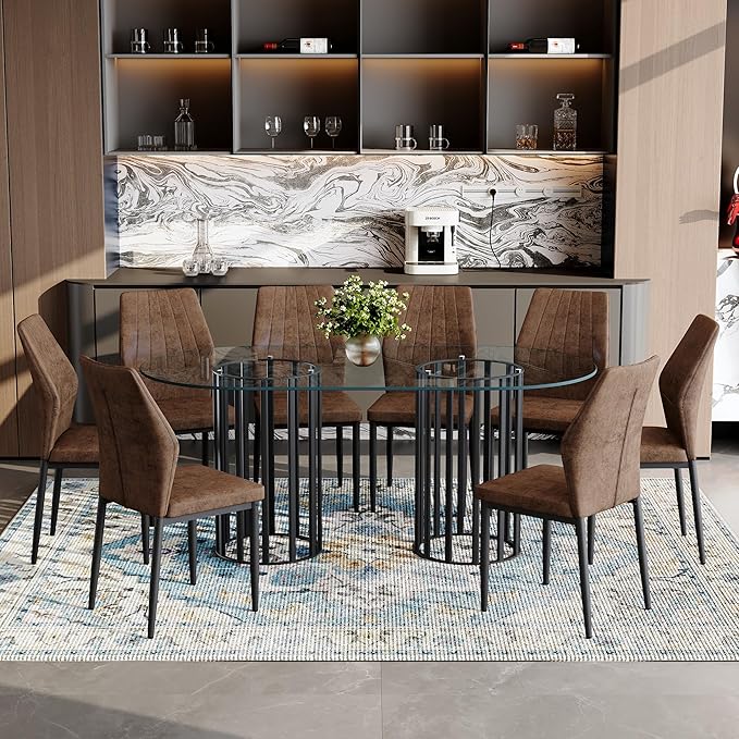 Table and chair set.71 inch oval tempered glass dining table,black double column light luxury style.Paired With 8 Comfortable Technology-Fabric Brown Chairs With Black Metal Legs. Accurate size, sui