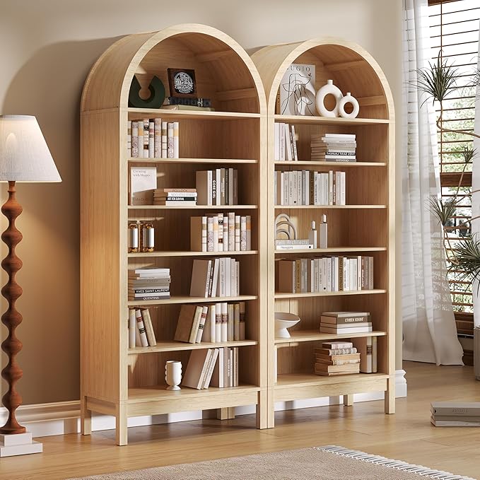 Wodeer Tall Arched Bookshelf, 7-Tier Bookcase with 3 Adjustable Shelves, Modern Farmhouse Storage Shelf for Living Room, Entryway, Office, 29.5" W x 70.1" H x 13.8" D, Natural Oak