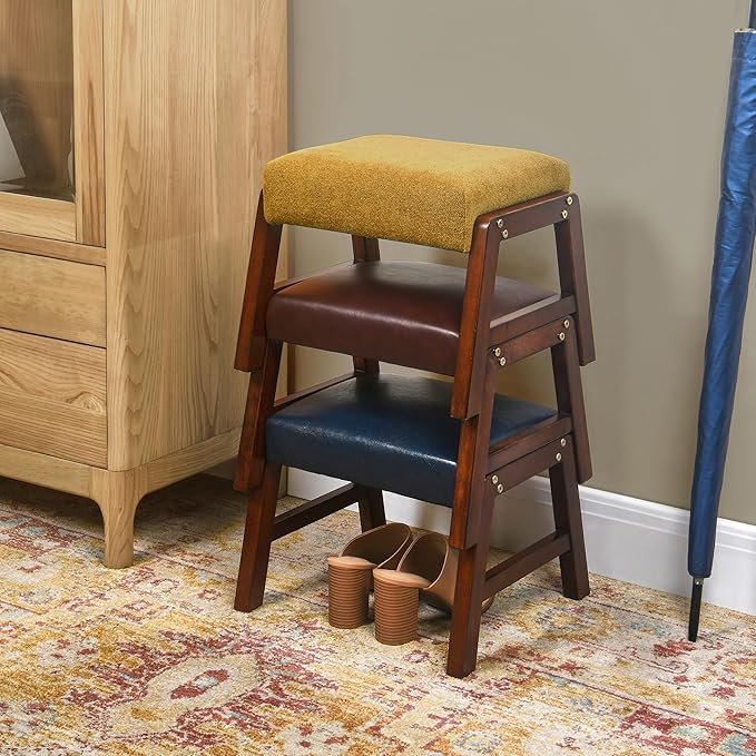 Small Footstool Ottoman, 11.8" H Fabric Wooden Foot Rest Ottoman with Wood Legs, Small Foot Stool Sofa Footrest Extra Seating for Living Room Entryway Office, Turmeric