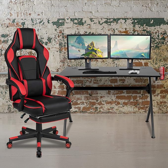 EMMA + OLIVER Black/Red Gaming Desk Set - Cup/Headset Holder/Reclining & Footrest