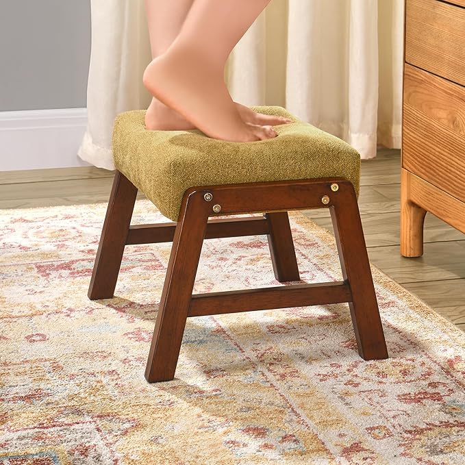 Small Footstool Ottoman, 11.8" H Fabric Wooden Foot Rest Ottoman with Wood Legs, Small Foot Stool Sofa Footrest Extra Seating for Living Room Entryway Office, Turmeric