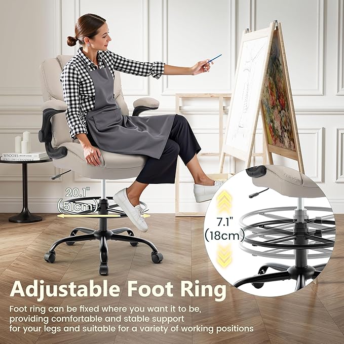 Drafting Chair 500Lbs, Tall Office Chair for Standing Desk, High PU Leather Executive Office Chair with Flip-up Armrests, Ergonomic High Chair with Adjustable Foot Ring, Comfy Stool Chairs, Beige