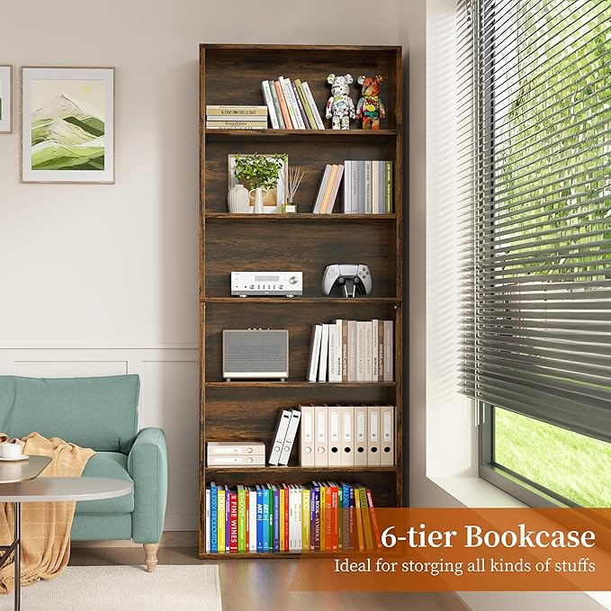 Vongrasig 6-Tier Open Bookcase and Bookshelf, Floor Standing Wood Display Storage Shelves 71 Inch Tall Bookcase Home Decor Furniture for Home Office, Living Room, Bed Room, Rustic Brown