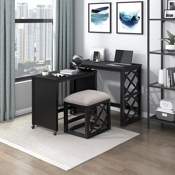 Lexicon Space-Saving Home Office Wood Desk Set, Modern Makeup Vanity Desk with Padded Vanity Stool, USB Charging Port, Nesting Table, Rolling Small Computer Table for Writing/Study/Bedroom, Black