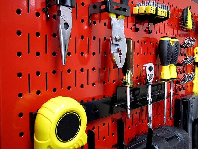 Wall Control Modular Pegboard Tool Organizer System - Wall-Mounted Metal Peg Board Tool Storage Unit for Wall Storage Tiling (Red Pegboard)