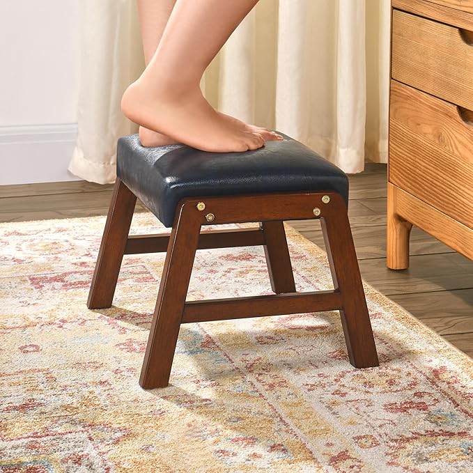 Small Foot Rest Ottoman, 11.8" H PU Leather Rectangle Foot Stool with Non-Skid Wood Legs, Small Foot Step Footstool Sofa Footrest for Couch, Desk, Office, Purplish Blue