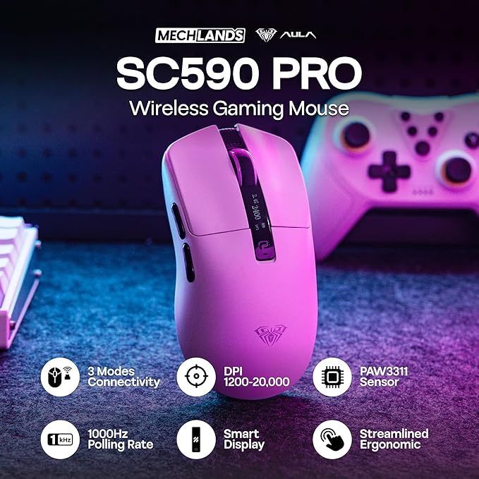 MechLands Aula SC590 PRO Gaming Mouse with Display Screen, 2.4G/USB-C/BT Wireless Mouse with 500mAh Battery, Adjustable 20,000 DPI & 1000 Polling Rate, PAW3311 Sensor, for Win/Mac/Gaming (White)