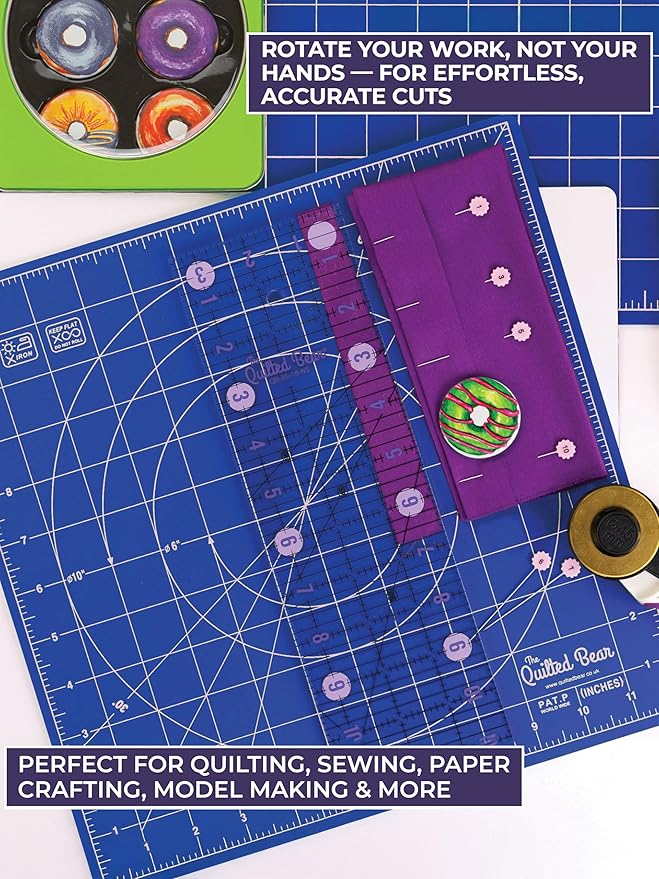 The Quilted Bear Rotating Cutting Mat 18" x 18" - Locking & Rotating Self Healing Cutting Board for Sewing, Fabric & Effortless Quilting - 360 Degree Sewing Supplies Mat for Craft Table (Blue)