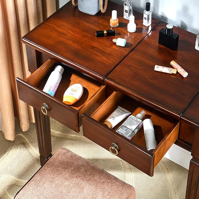 Flip Top Wood Makeup Vanity Desk Set with Mirror, Small Vintage Dressing Vanity Table Set with 2 Drawers & Matching Padded Bench Stool Writing Desk with Button Tufted Cushioned Stool, Cherry&Beige