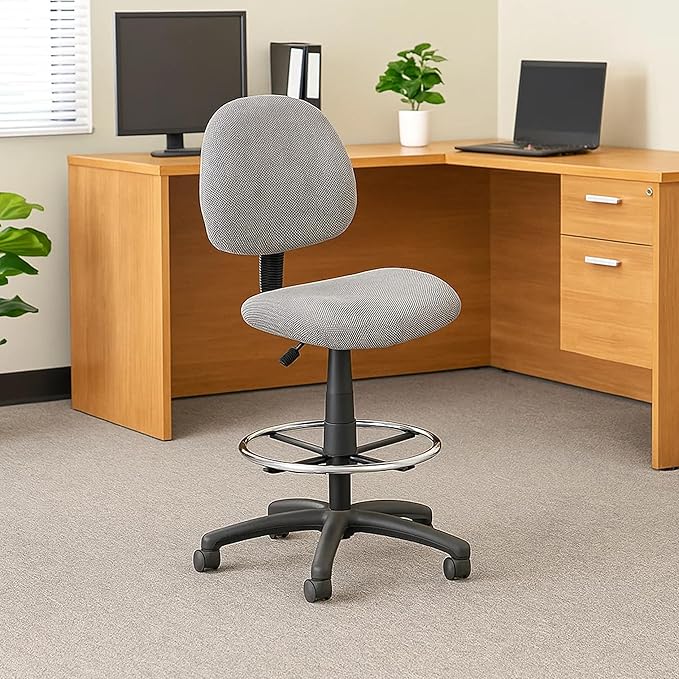 Benzara Jea Drafting Stool Chair, Gray Tweed, Contoured Back and Footring